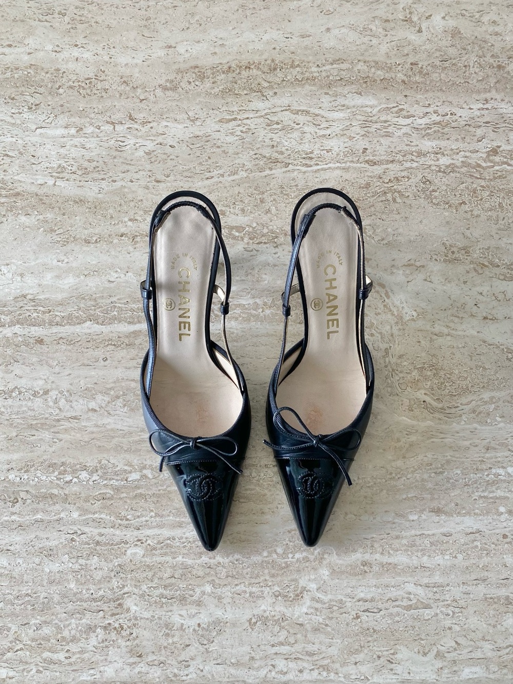 Vintage Chanel CC Bow Cap Toe Slingback Heels